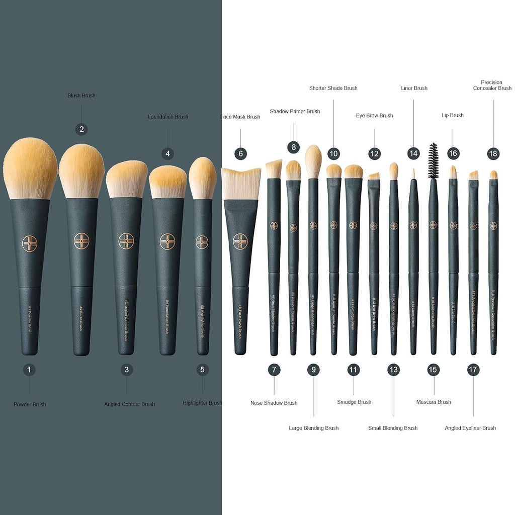 Set de 18 Brochas de Maquillaje Profesional con Estuche Ecológico y Doble Vaso, Brochas Sintéticas Premium para Base, Polvos, Corrector, Rubor, Ojos y Labios – Libre de Crueldad