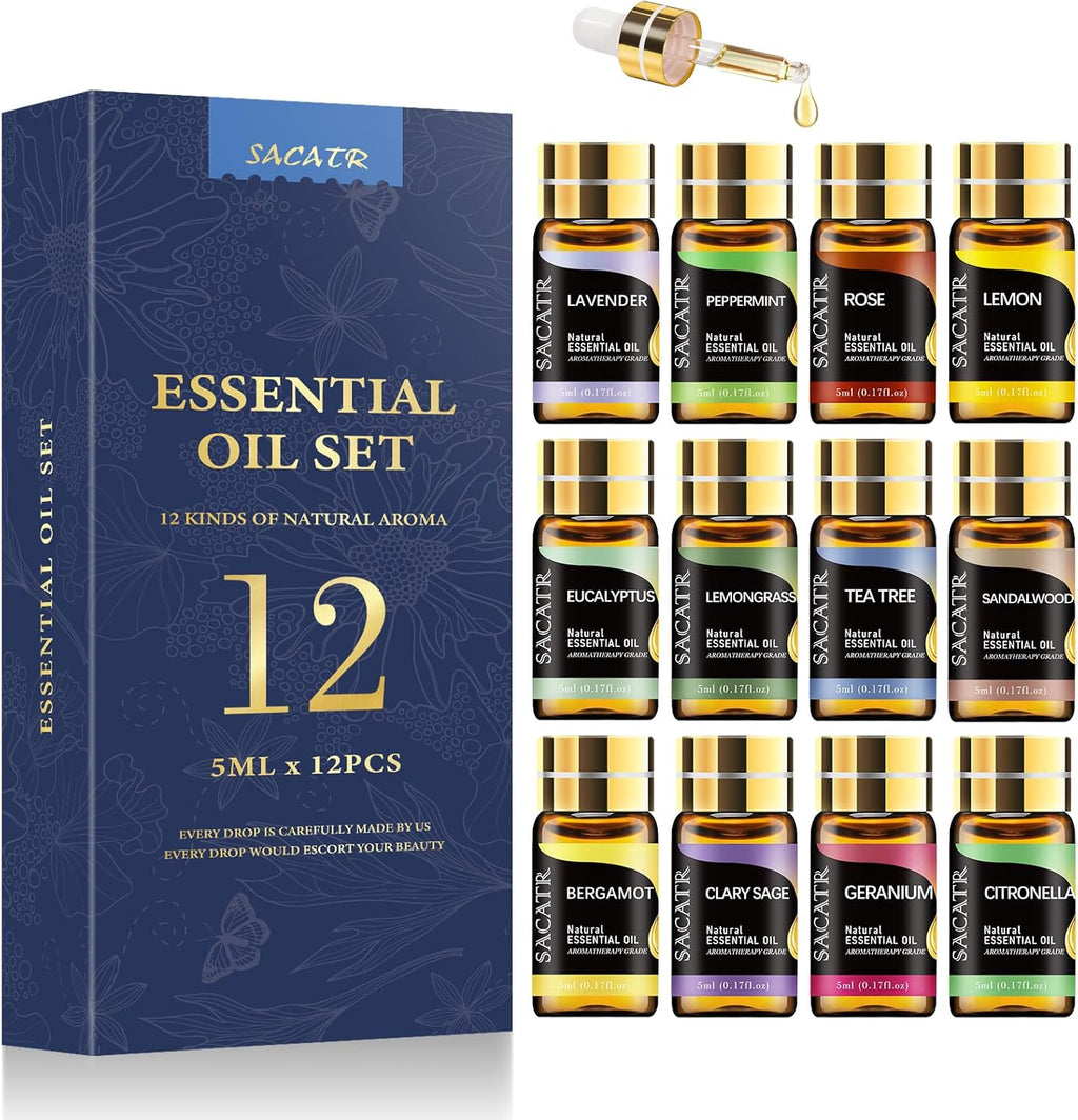 Set de 12 Aceites Esenciales Naturales para Difusor, Masaje, Velas y Jabones DIY (12 x 5 ml)