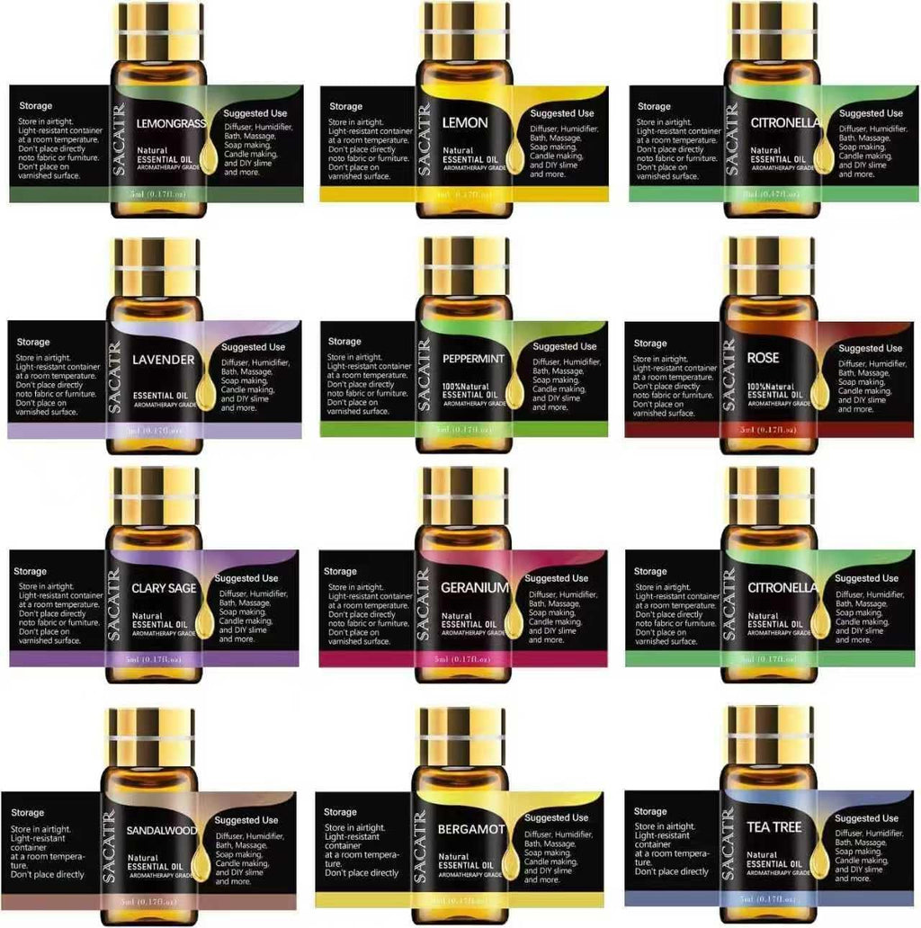 Set de 12 Aceites Esenciales Naturales para Difusor, Masaje, Velas y Jabones DIY (12 x 5 ml)